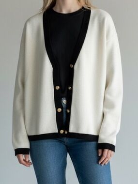 Talbots Womens Ivory White Black Trim Gold Button V-Neck Cardigan Sweater Large